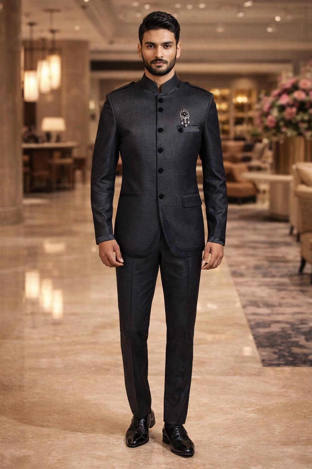 Men’s purple grey 3-piece Jodhpuri suit with epaulettes, 6-button jacket, brooch and matching trousers