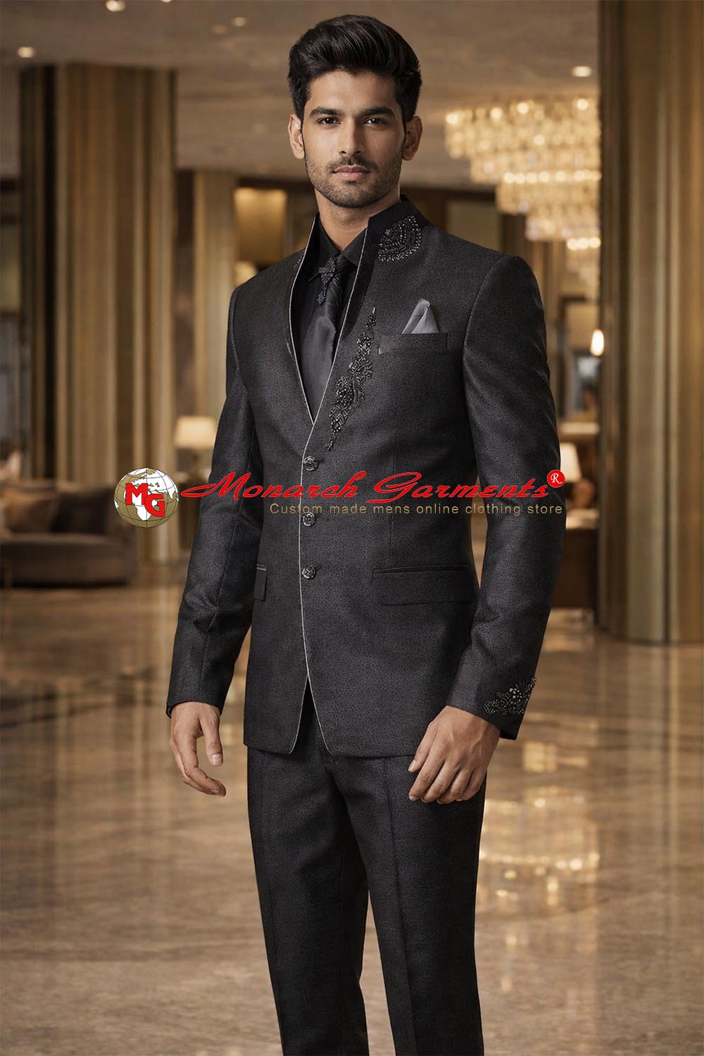Men’s purple grey 6-piece Jodhpuri suit with hand embroidery, 3-button jacket, tie, brooch, pocket square and matching trousers