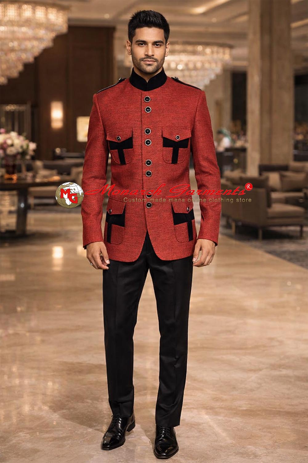 Men’s red and black 2-piece Jodhpuri suit with 8-button jacket, shoulder epaulettes and black trousers
