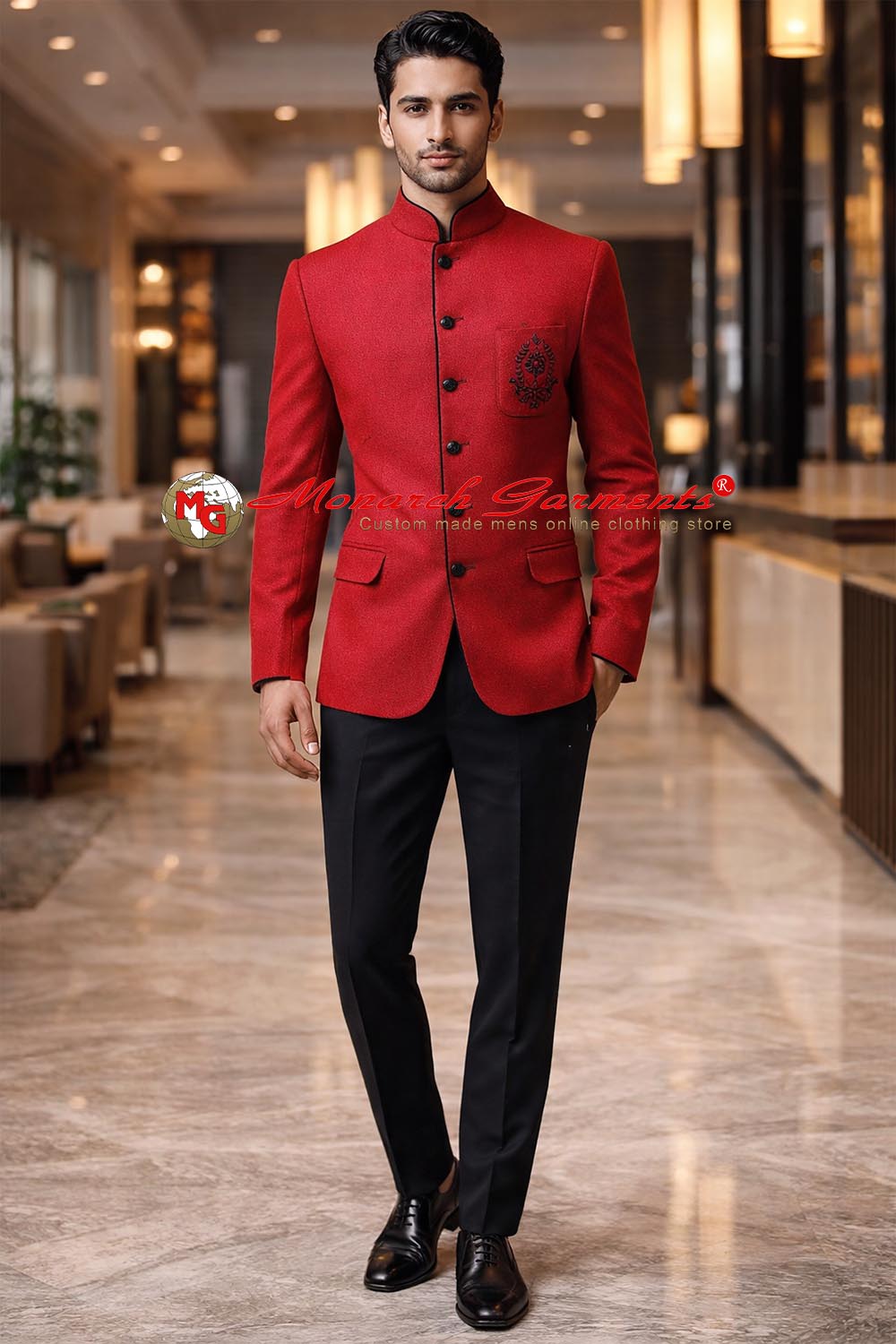 Men’s red 2-piece Jodhpuri suit with hand embroidery, 5-button jacket and black trousers