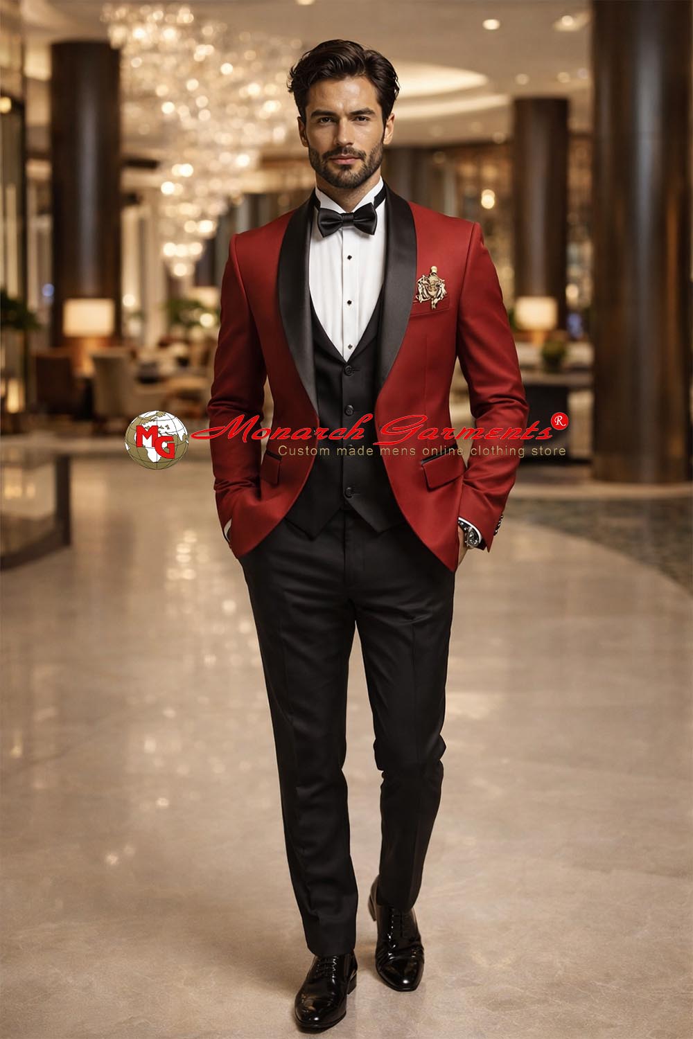 Men's red one button tuxedo suit with black satin lapel and black trousers for wedding reception wear India