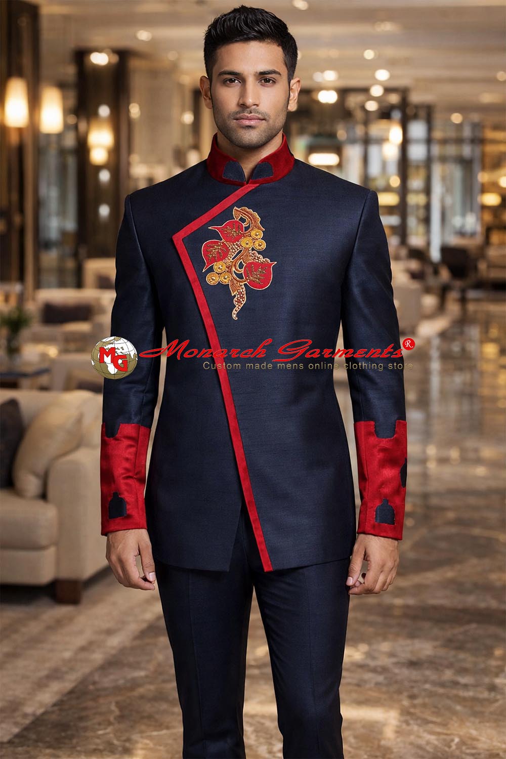 Men’s royal blue angrakha style Jodhpuri suit with chest embroidery, maroon velvet detailing and matching trousers