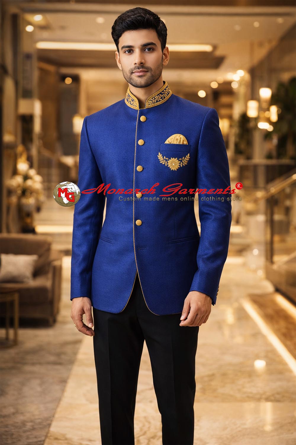 Men's royal blue jute tuxedo suit with embroidered collar and black trousers for wedding wear India