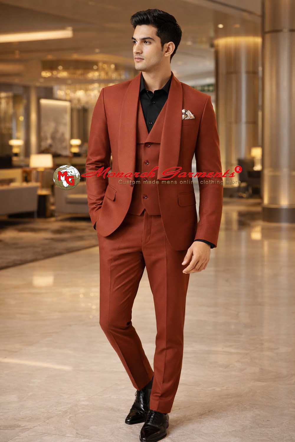 Men’s rust tuxedo suit with shawl collar slim fit wedding wear for men India