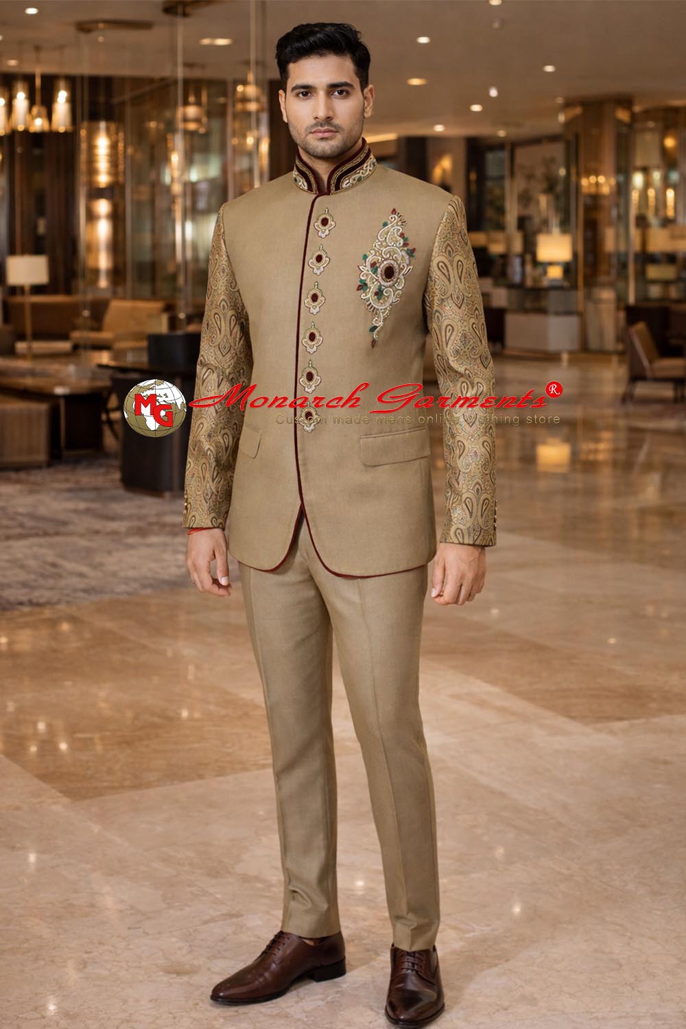 Men’s tan color 2-piece Jodhpuri suit with brocade sleeves, concealed buttons and royal embroidery on front and collar