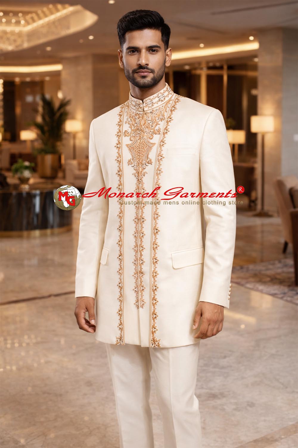 Men’s white designer 3-piece Jodhpuri suit with heavy embroidery, Nehru collar vest and embroidered front edge jacket with trousers