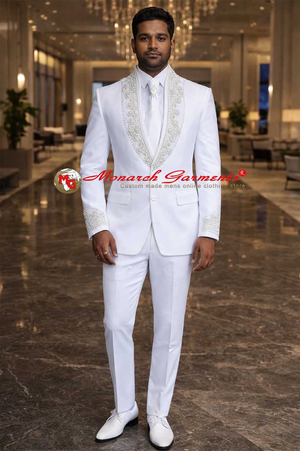 Men’s white embroidered tuxedo suit with two button design formal wedding wear for men India