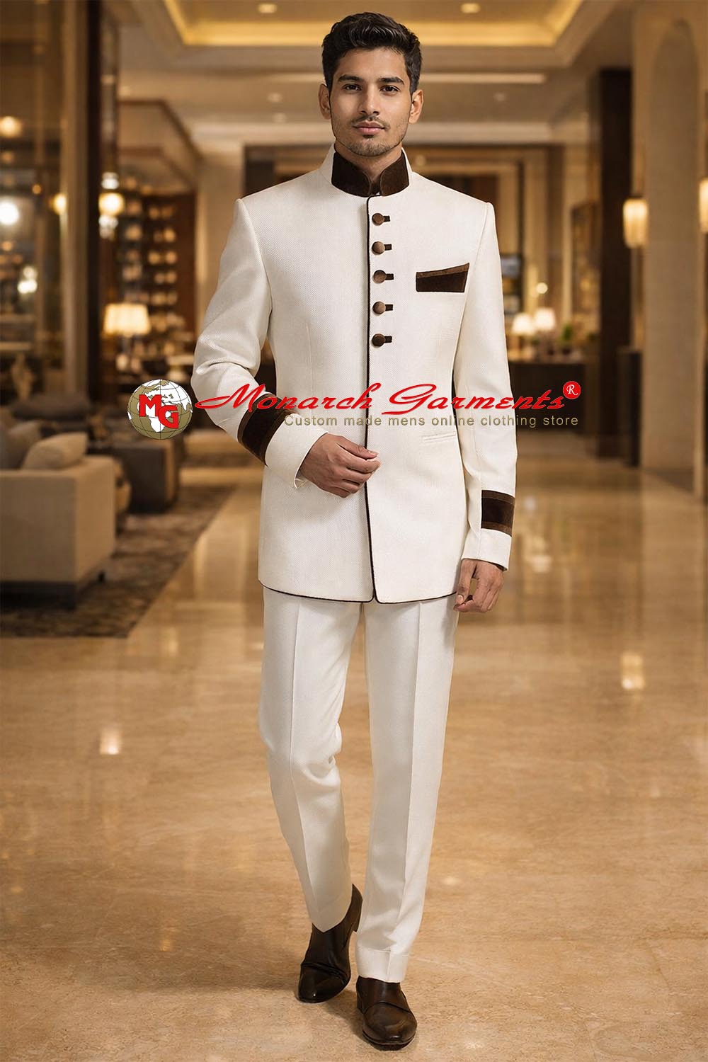 Men's white jute Jodhpuri suit with brown contrast bandhgala jacket and matching trousers for wedding wear India
