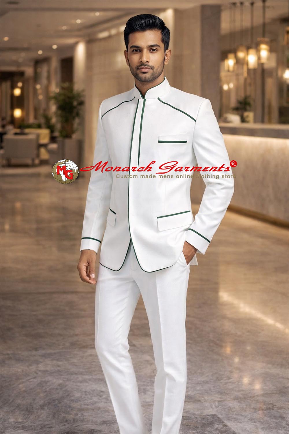 Men’s white linen 2-piece designer Jodhpuri suit with concealed buttons, green piping details and matching breeches