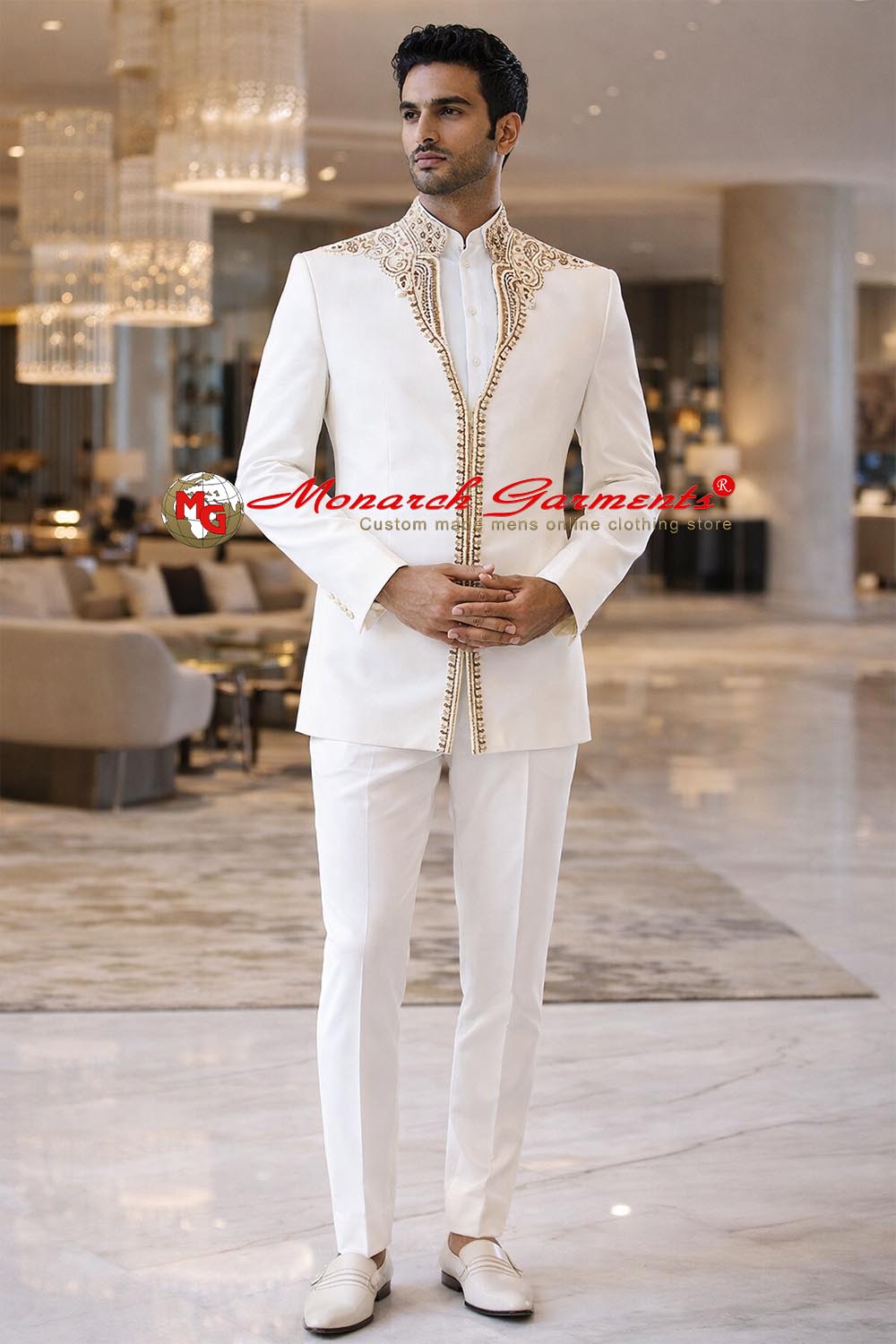 Men’s white linen 3-piece Jodhpuri suit with concealed buttons, heavy embroidery on neck, shoulders and front with matching trousers
