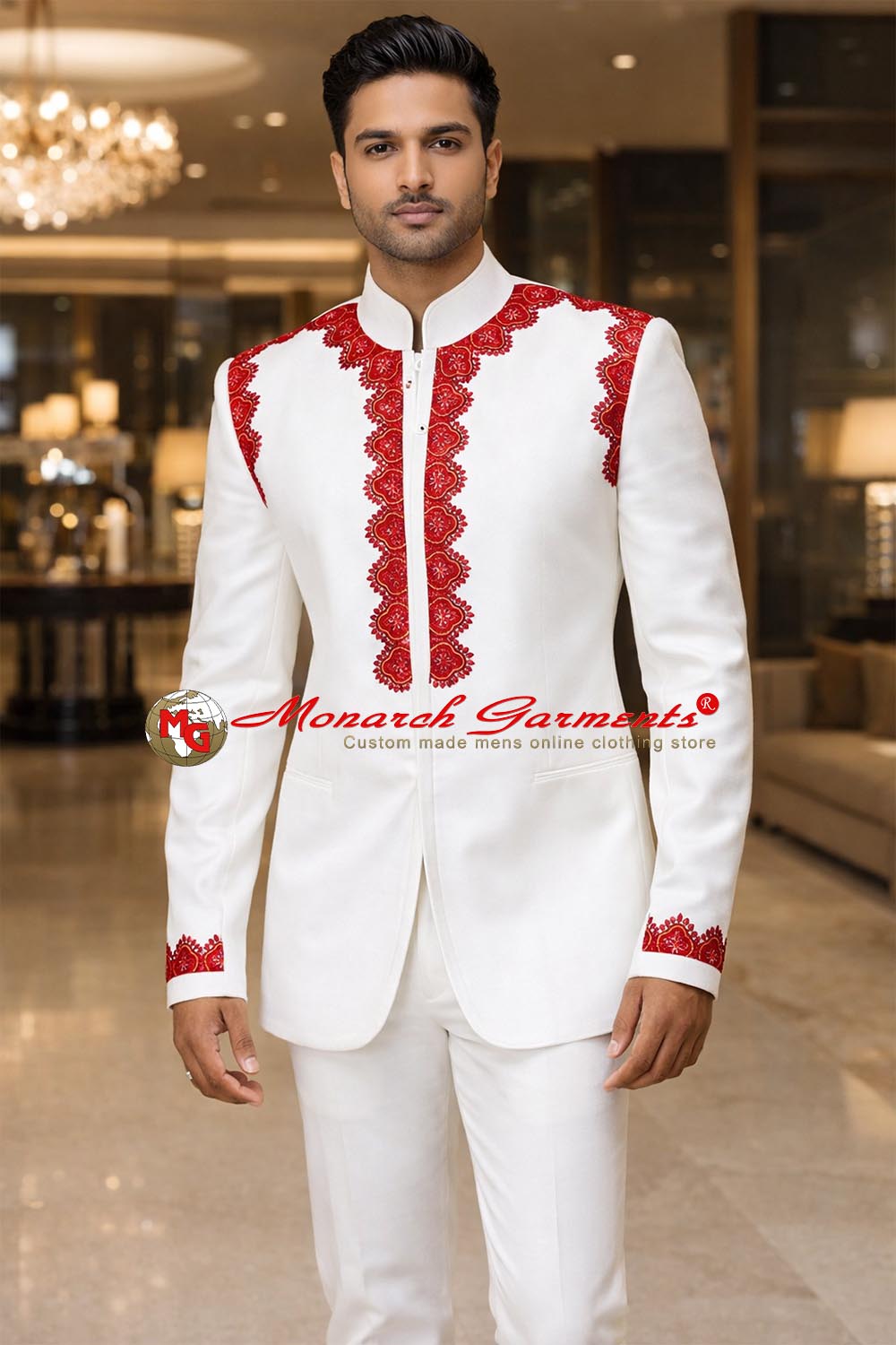 Men’s white linen 2-piece Jodhpuri suit with concealed buttons and red royal embroidery on front, shoulders and cuffs
