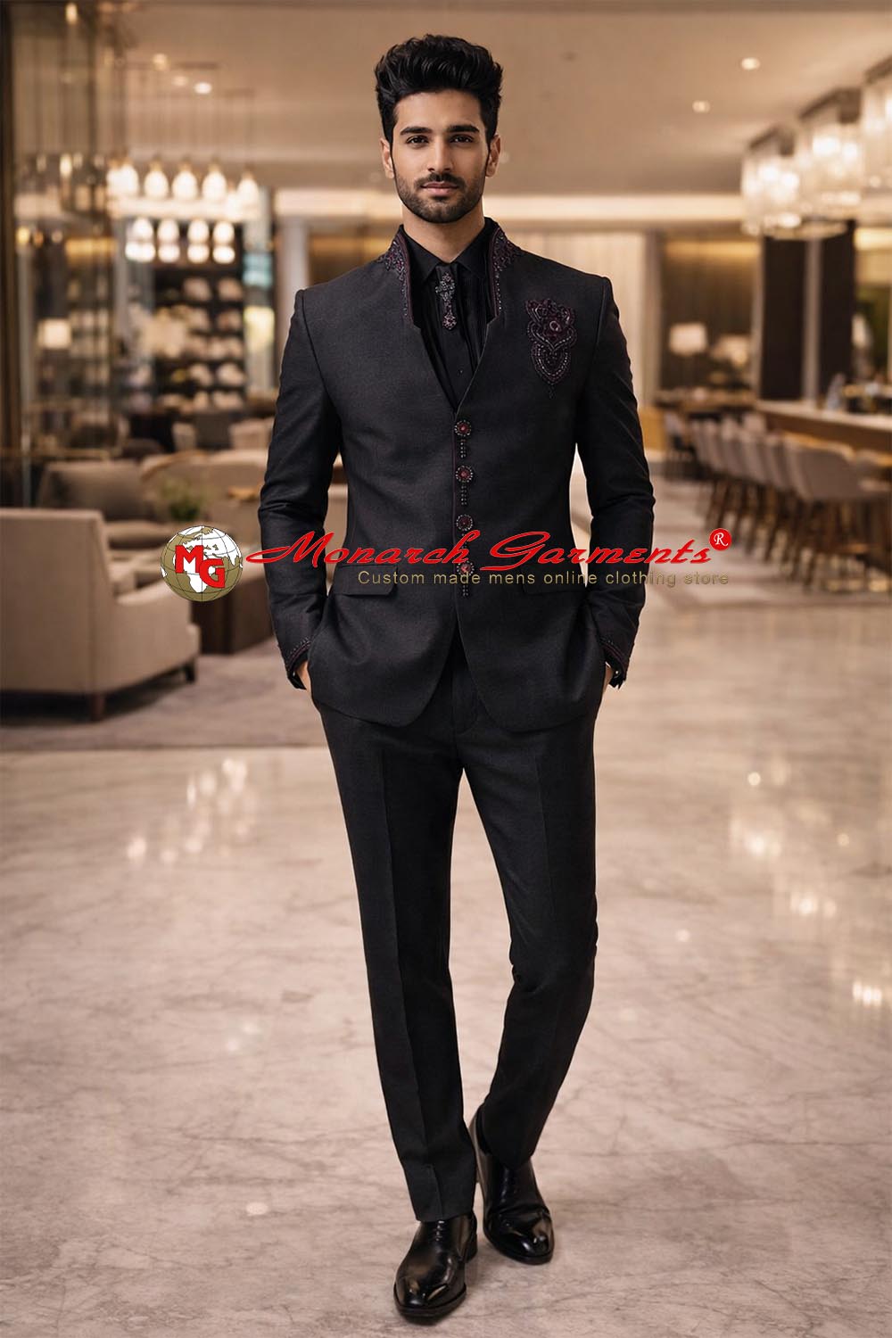 Men’s wine color 5-piece Jodhpuri suit with 3-button jacket, embroidery, tie, brooch and matching trousers