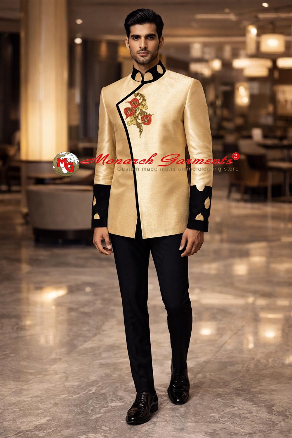 Men’s yellow angrakha style Jodhpuri suit with chest embroidery, black velvet collar and cuffs, and black jodhpurs