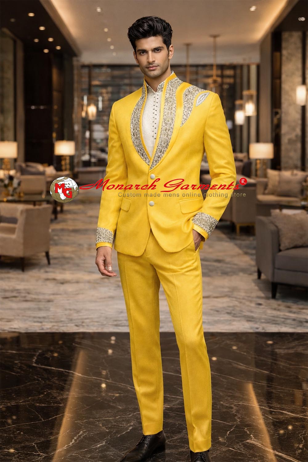 Men’s yellow 3-piece designer Jodhpuri suit with embroidered jacket, Nehru collar vest and matching trousers