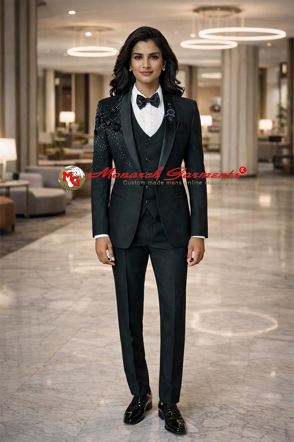 Midnight black embellished 3 piece suit for women slim fit tuxedo style formal suit in India