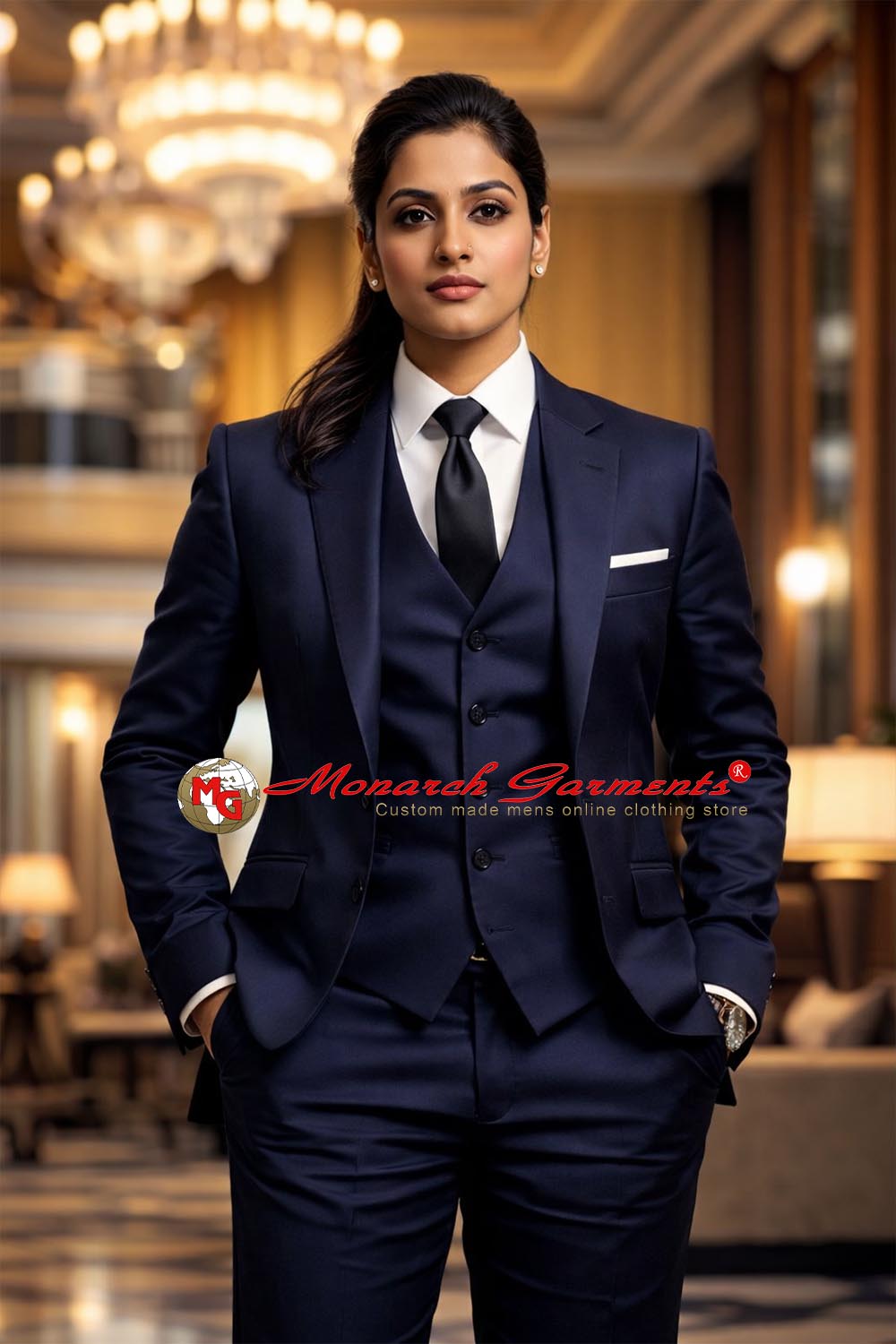 Midnight navy 3 piece slim fit formal suit for women with blazer waistcoat and tailored trousers