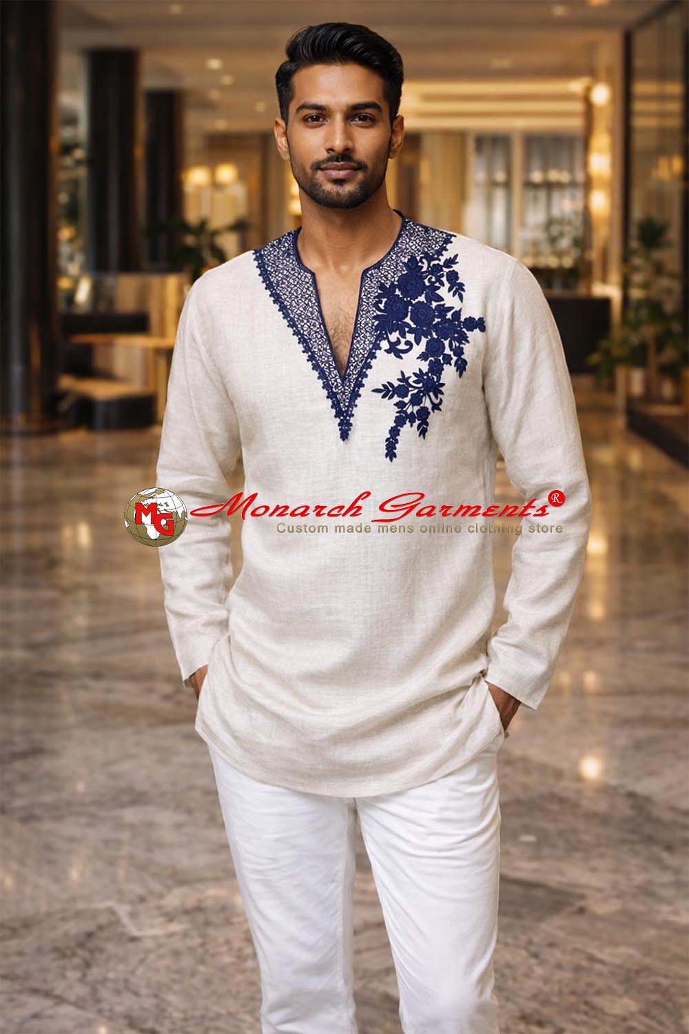 Natural linen embroidered short kurta for men V neck summer wedding wear India