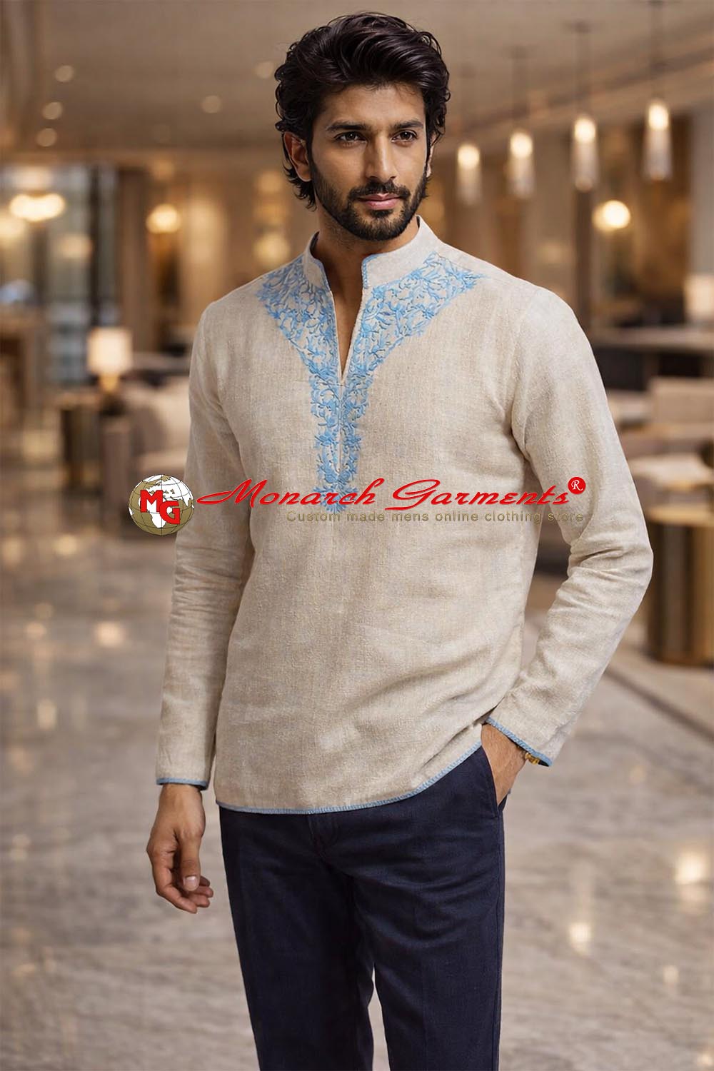 Natural linen embroidered V-neck tunic for men designer short kurta India