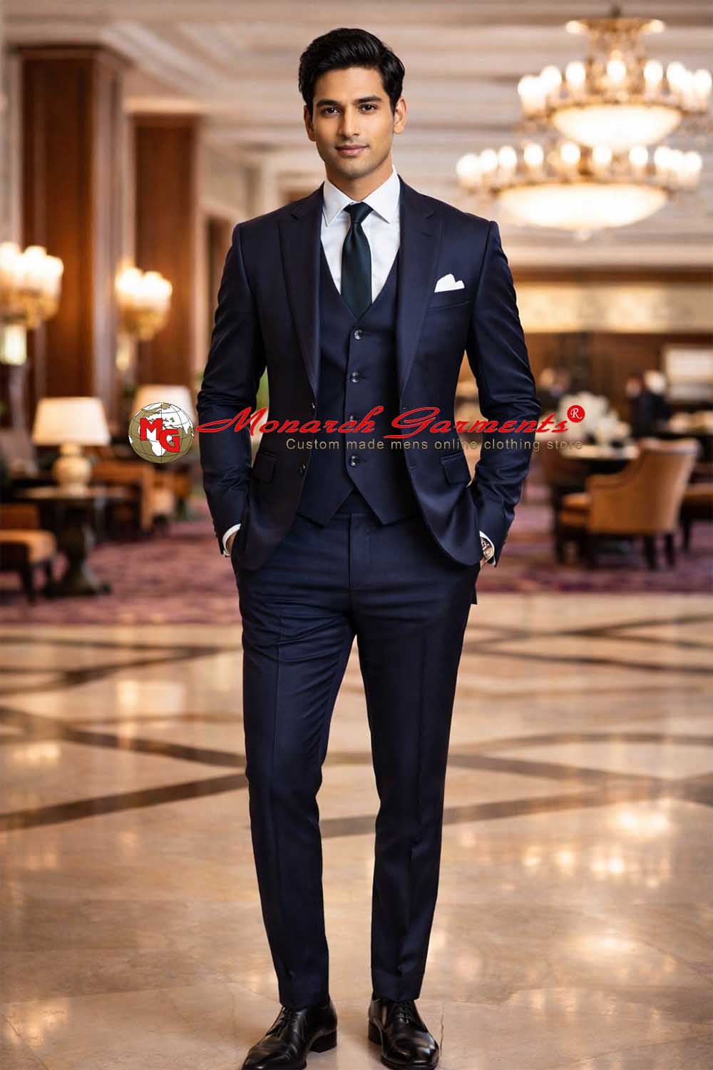 Navy blue 3 piece suit for men slim fit with blazer vest and trousers for wedding and formal wear India