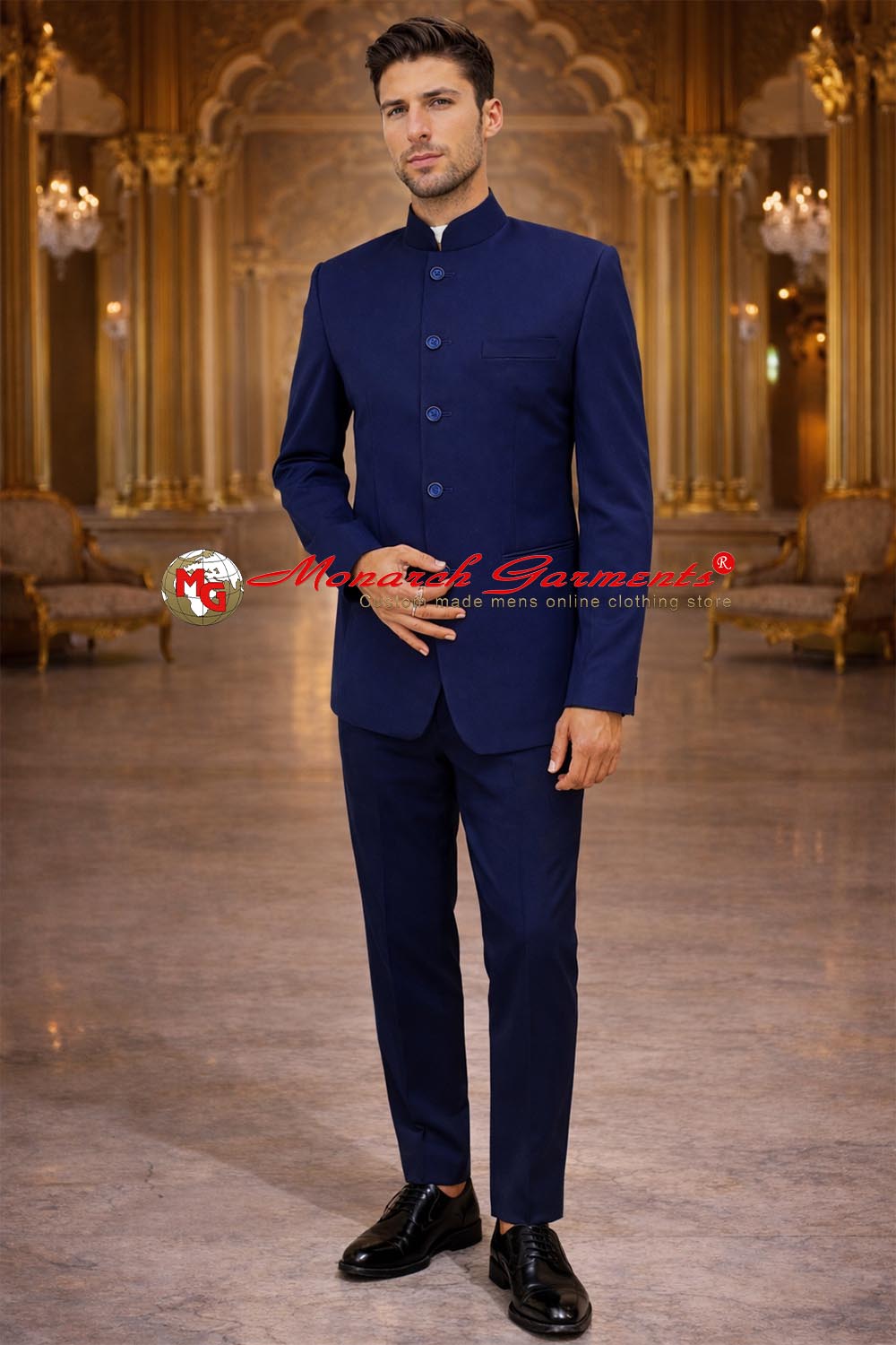 Navy blue bandhgala suit for men by Monarch Garments – luxury Indian wedding and reception outfit