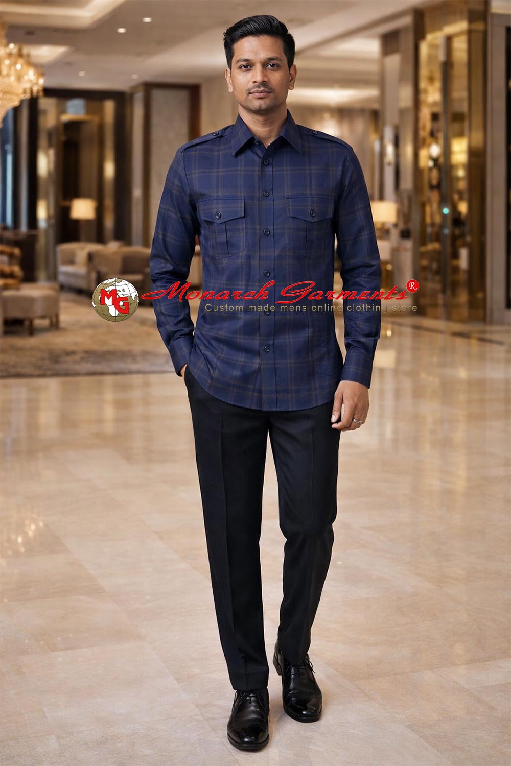 Navy blue checks cotton safari shirt for men slim fit multi pocket utility style India
