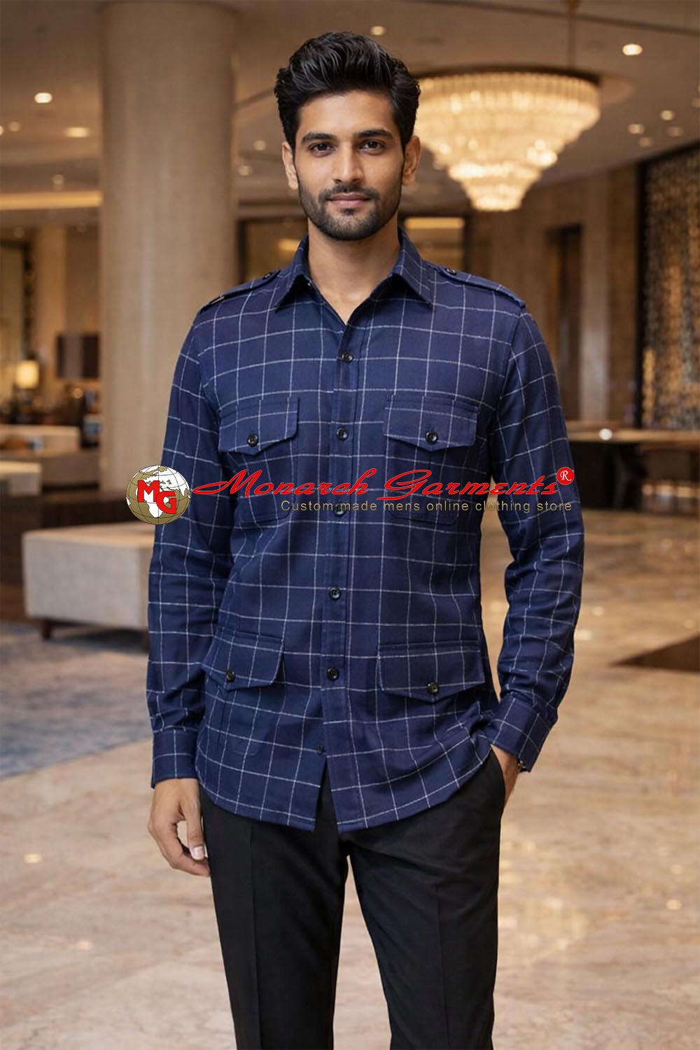 Navy blue checks safari shirt for men slim fit multi pocket utility style India