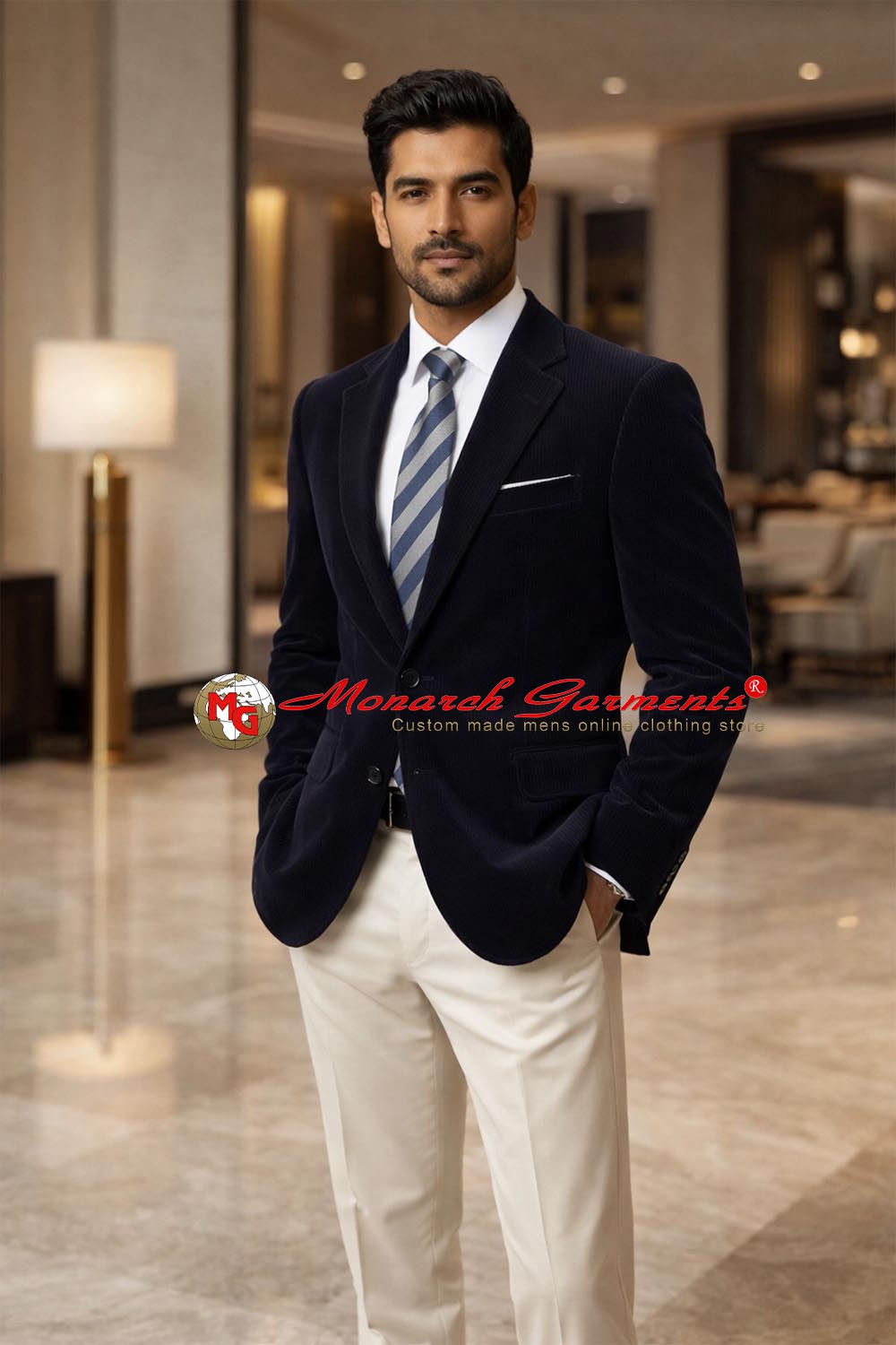 Men wearing navy blue corduroy blazer with formal trousers for business and casual occasions