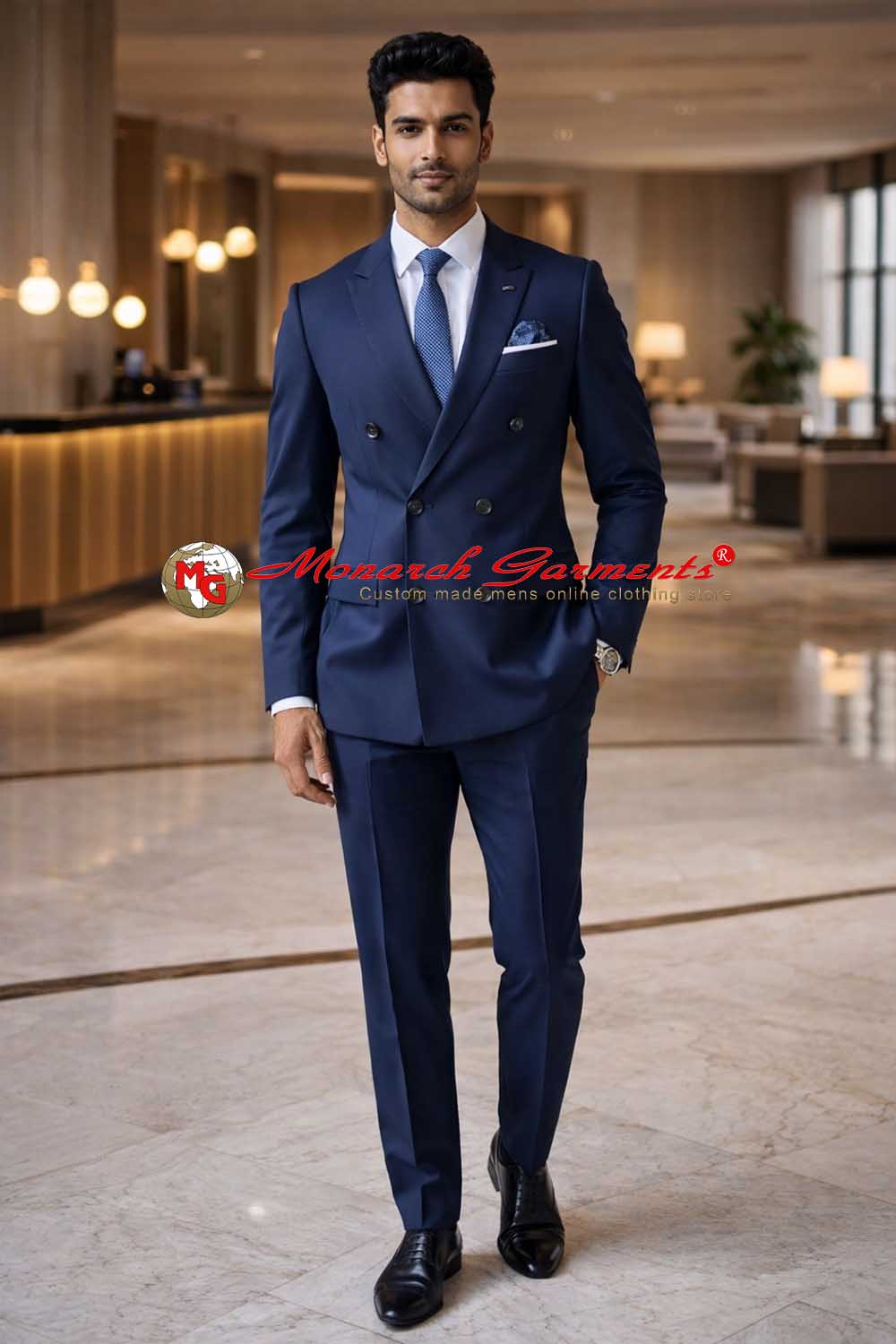 Navy blue double breasted suit for men slim fit formal wear India