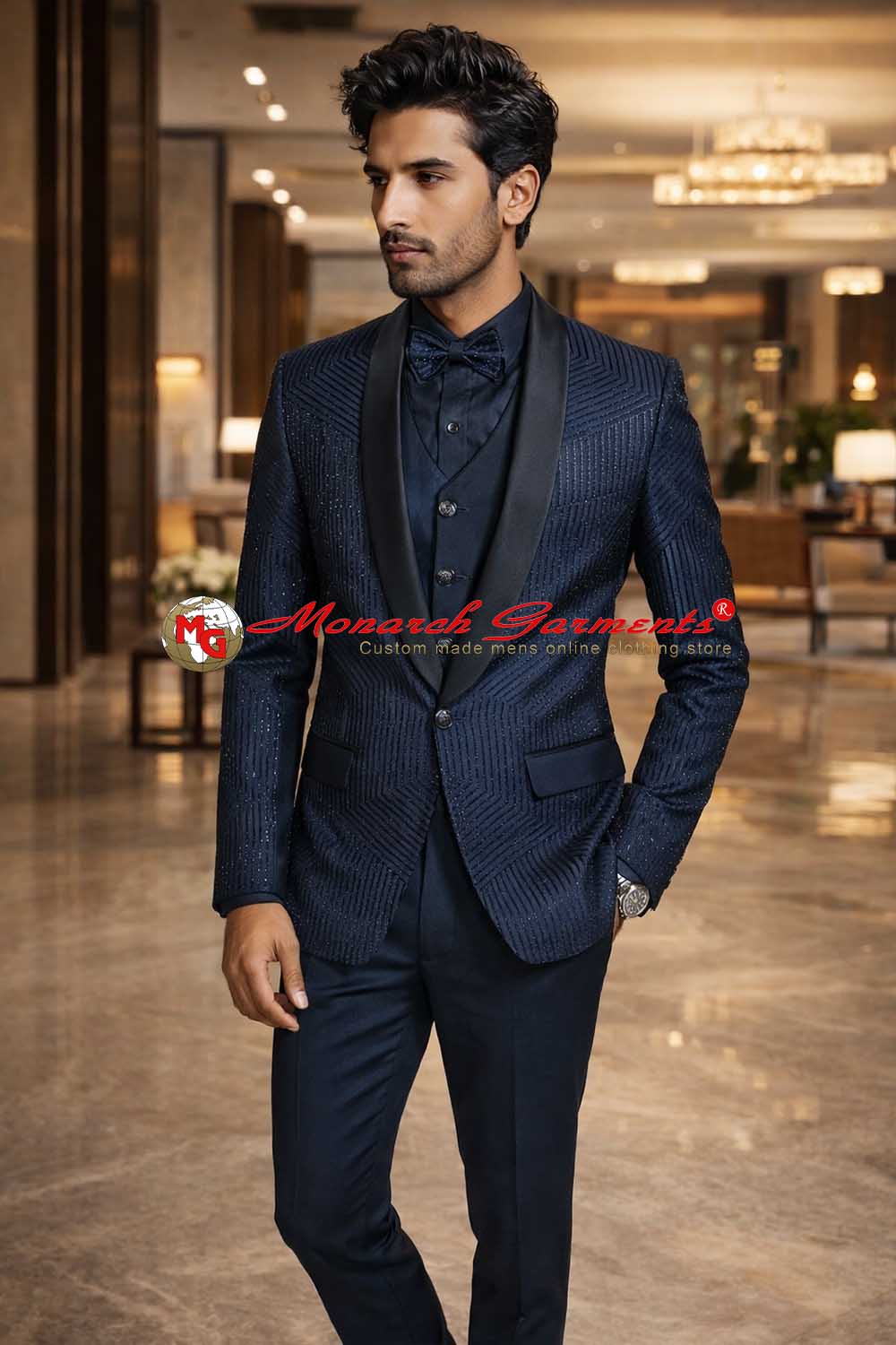Navy blue embroidered tuxedo suit for men shawl lapel slim fit wedding wear India