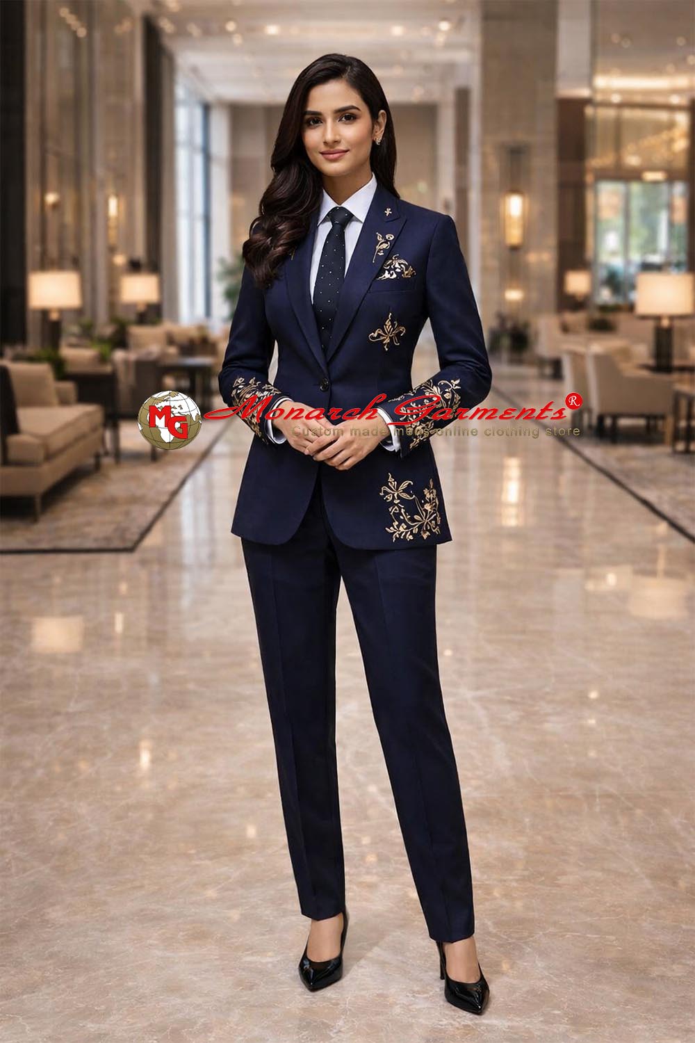 Navy blue gold embroidered 2 piece suit for women slim fit designer formal outfit for wedding and luxury events