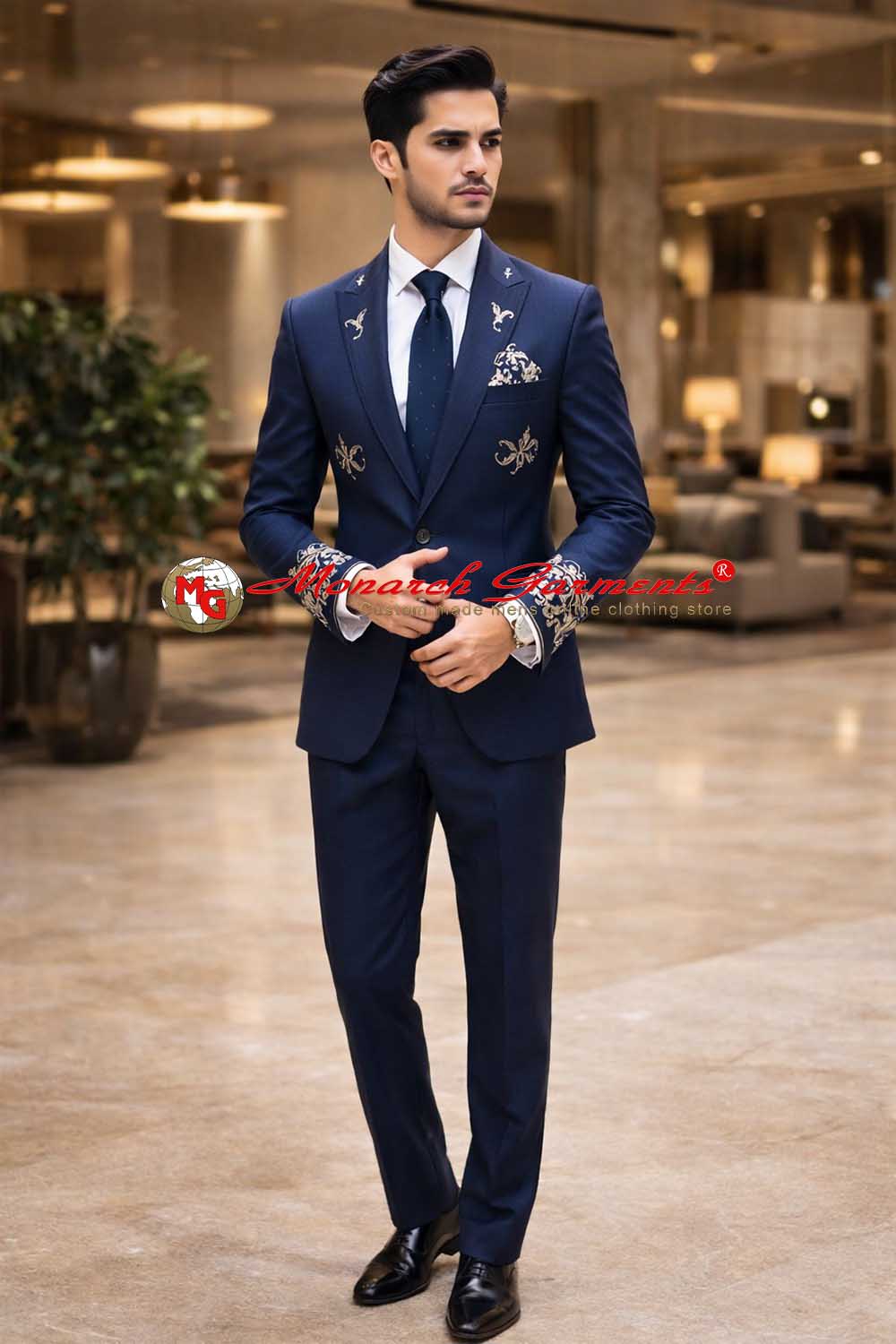 Navy blue embroidered wedding suit for men slim fit designer style India