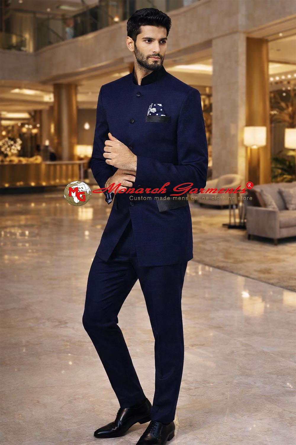 Navy blue Jodhpuri suit for men 3 piece bandhgala with pocket square by Monarch Garments India