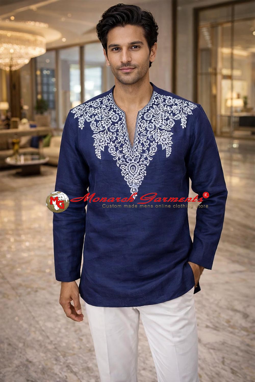 Navy blue linen embroidered tunic for men V neck summer wedding wear India