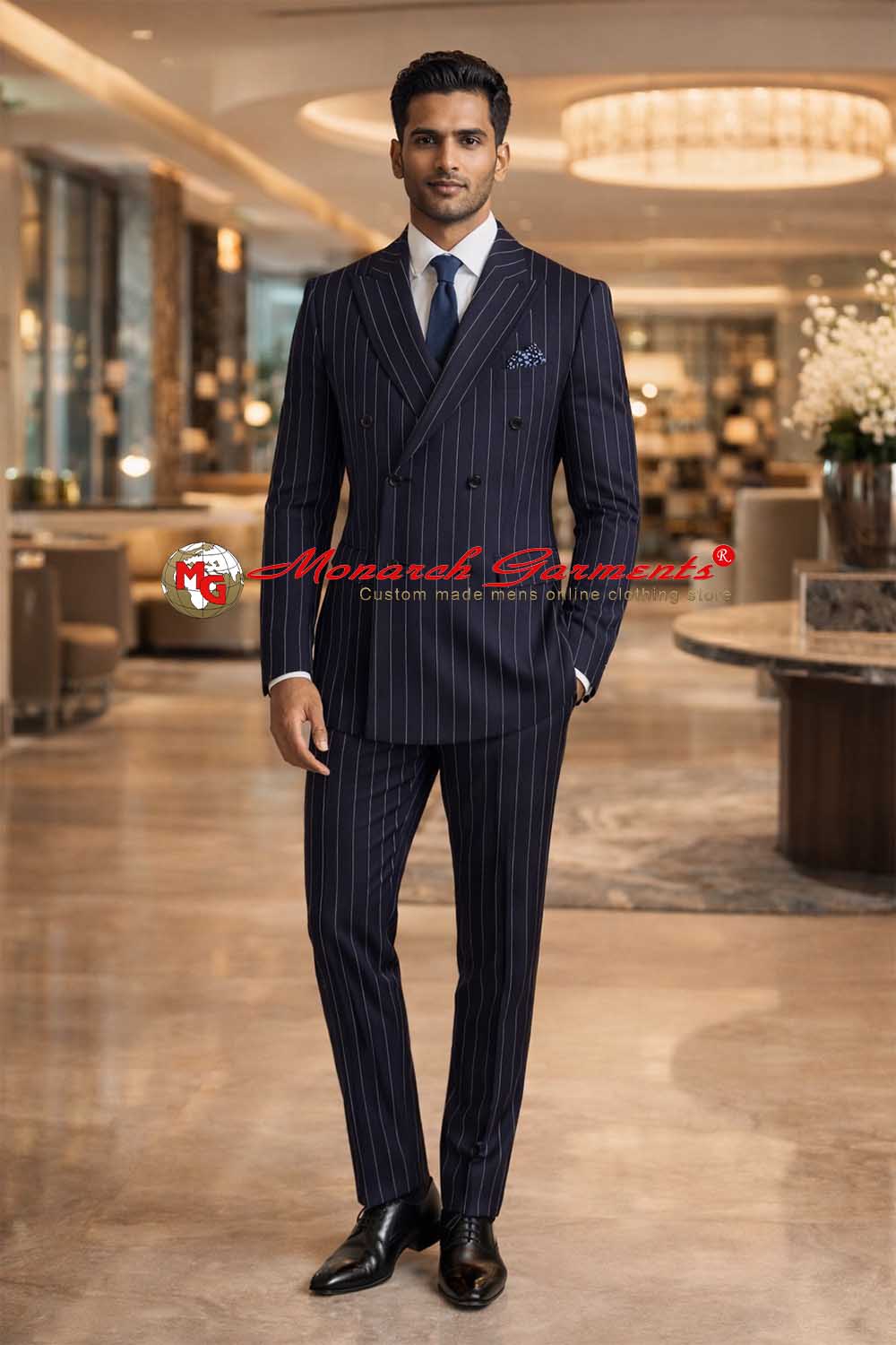 Navy blue pinstripe double breasted suit for men slim fit formal wear India