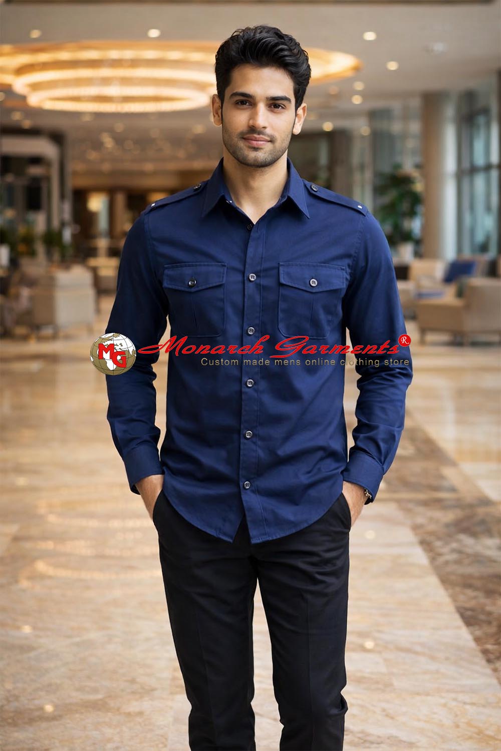 Navy blue safari shirt for men slim fit cotton utility style