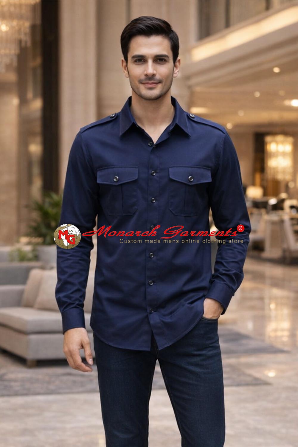 Navy blue safari shirt for men slim fit with flap pockets and epaulets