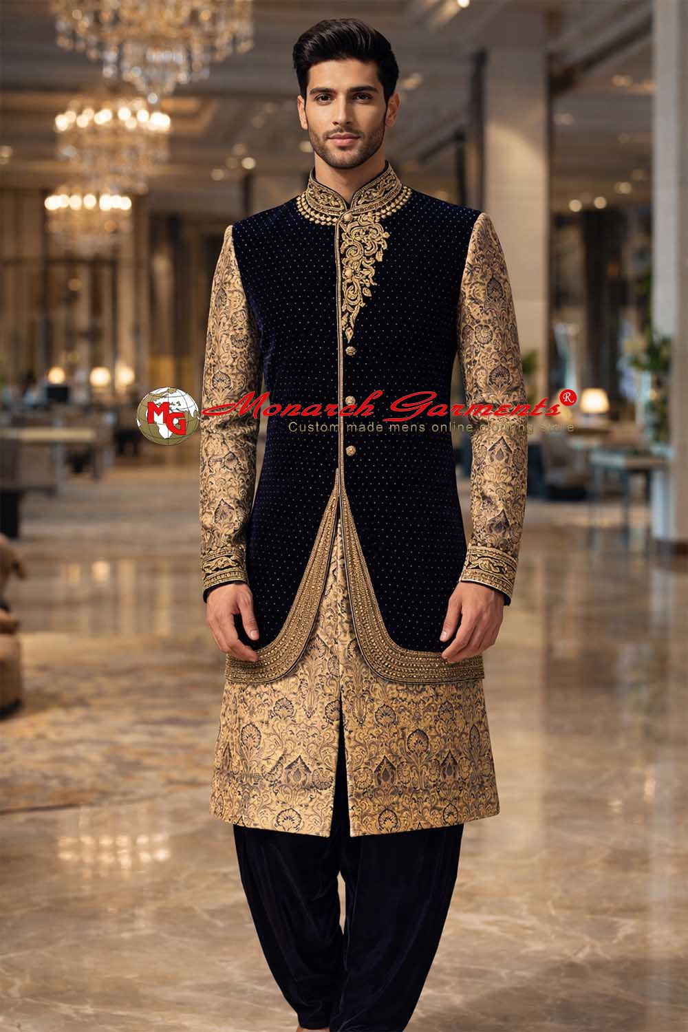 Navy blue velvet Indo Western suit with brocade layered jacket and peshawari salwar for men