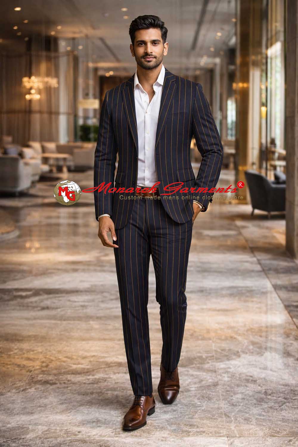 Navy blue yellow pinstripe suit for men slim fit formal wear India