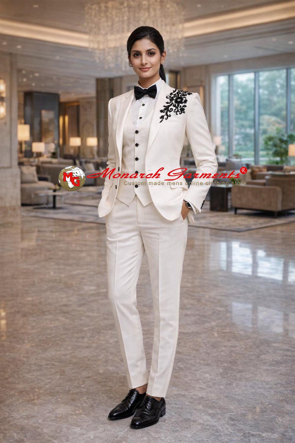 Off white black embroidered 3 piece suit for women slim fit formal suit for wedding and luxury events in India