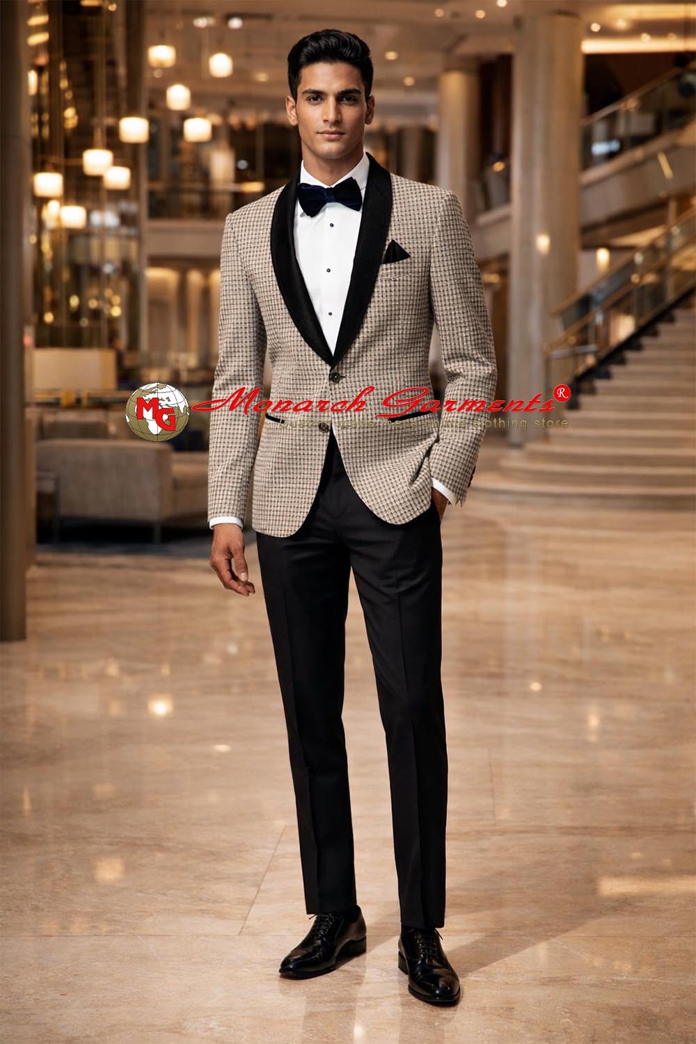 Men’s off white check slim fit formal blazer with satin shawl lapel by Monarch Garments