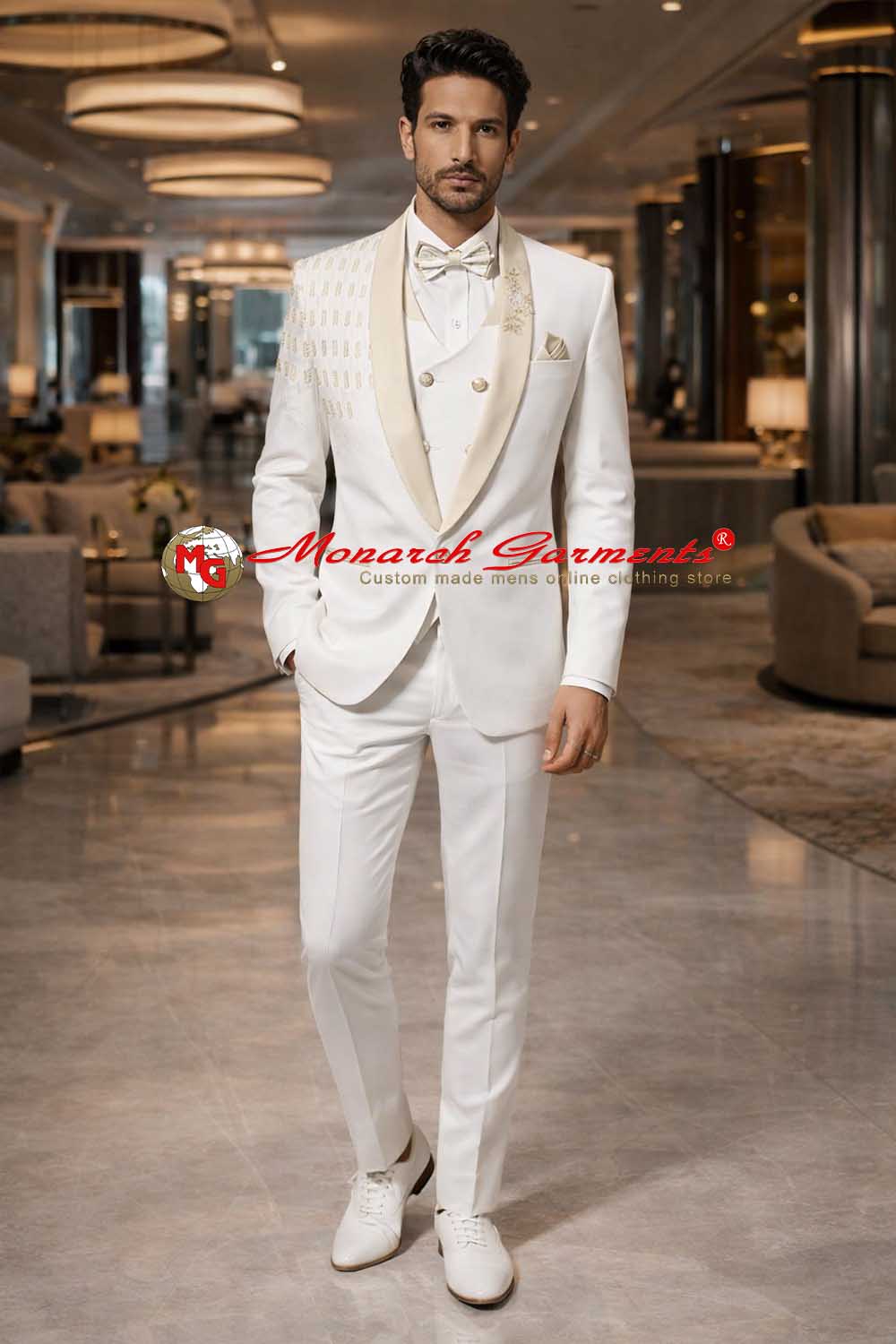 Off white embroidered tuxedo suit for men with shawl lapel slim fit wedding wear India