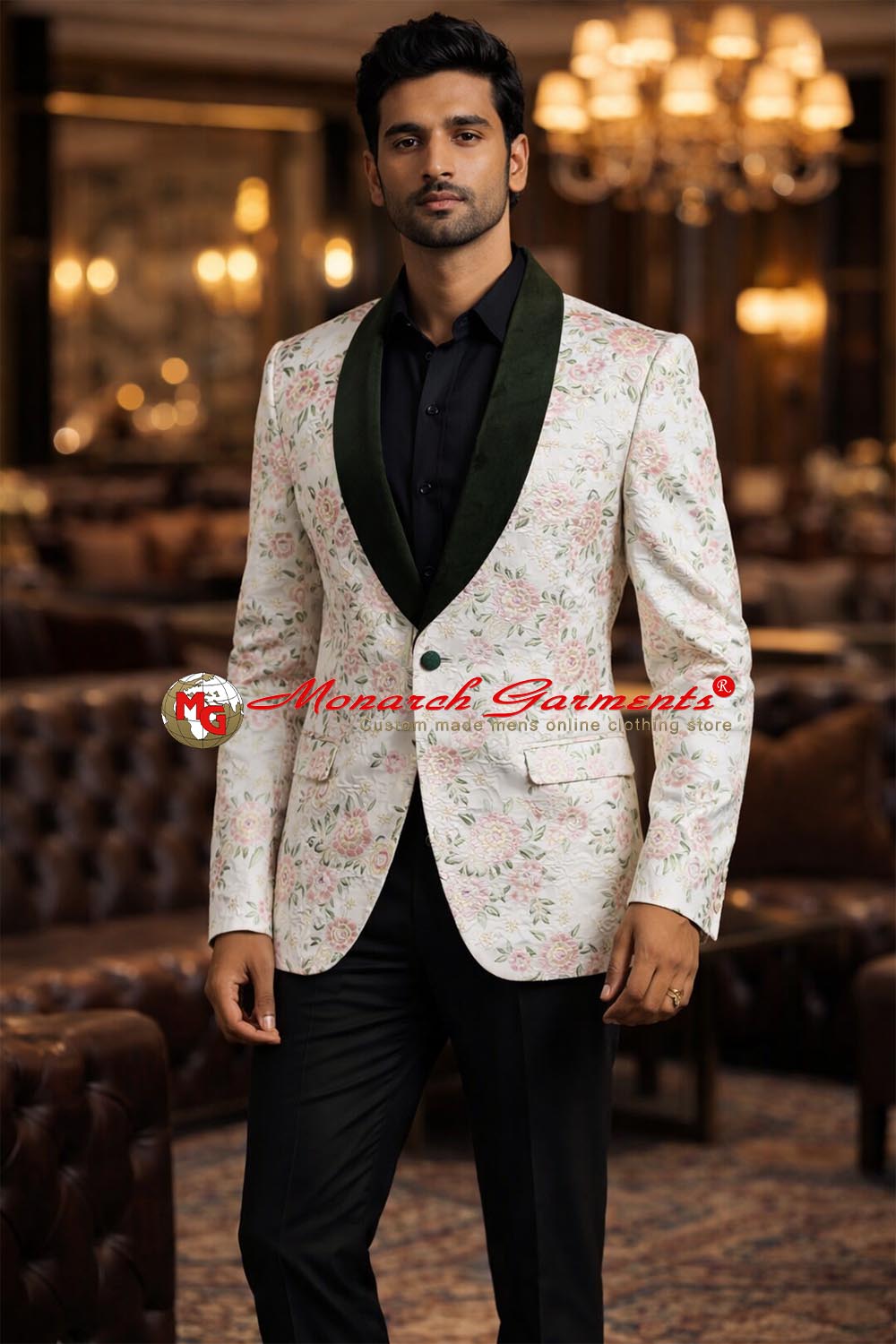 Men wearing off white floral tuxedo jacket with green shawl collar for wedding and reception wear by Monarch Garments India