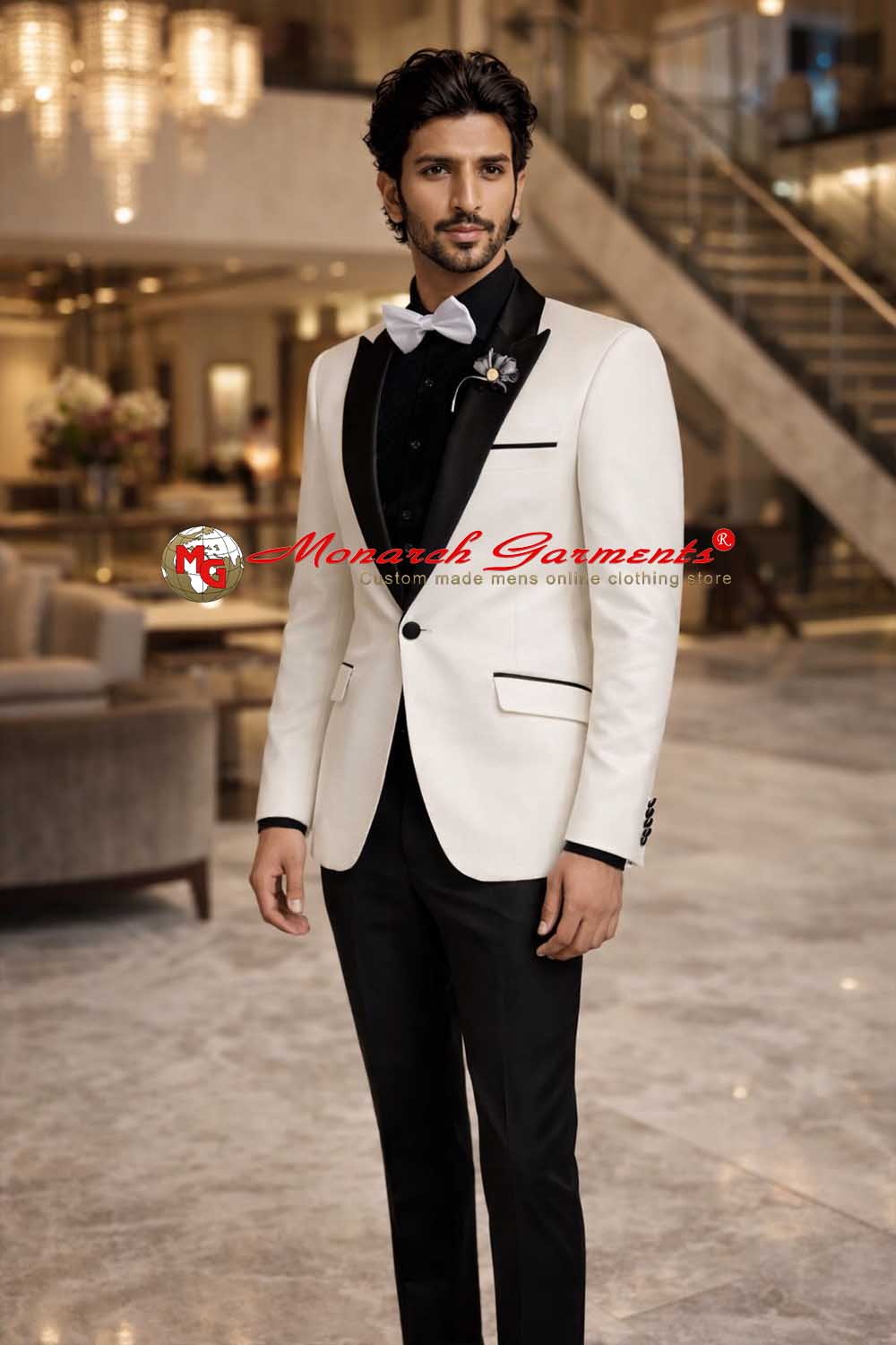 Off white peak lapel tuxedo suit for men with slim fit design for wedding and formal occasions in India