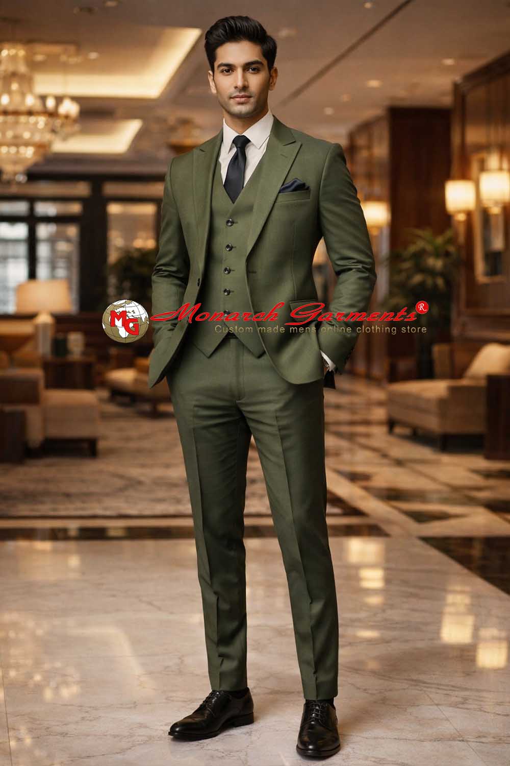 Olive green 3 piece suit for men slim fit wedding formal wear India