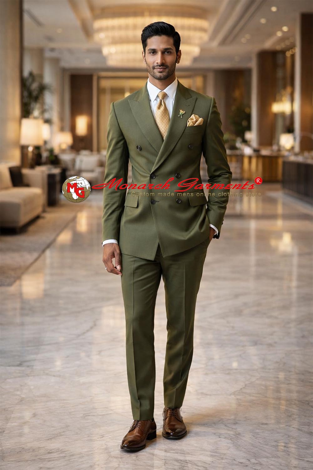 Olive green double breasted suit for men slim fit with blazer and trousers for wedding and formal wear India