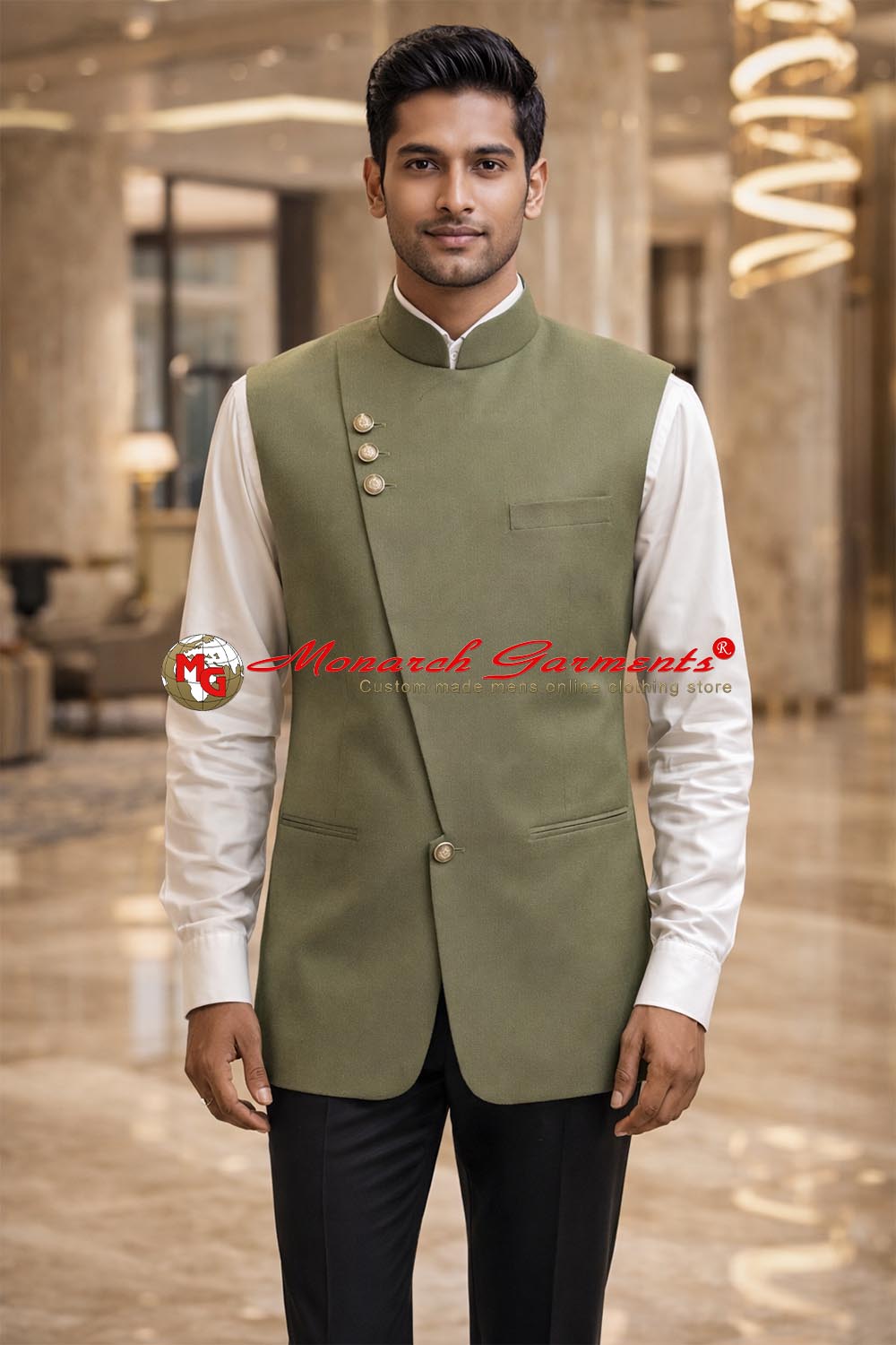 Olive green Nehru vest for men slim fit reception waistcoat for weddings and formal occasions