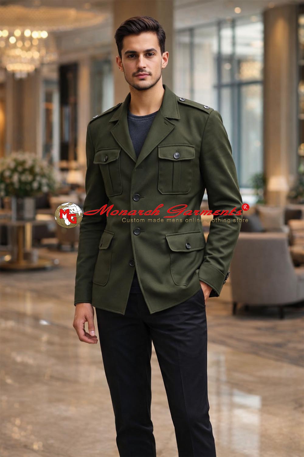 Olive green safari jacket for men slim fit with flap pockets and epaulets