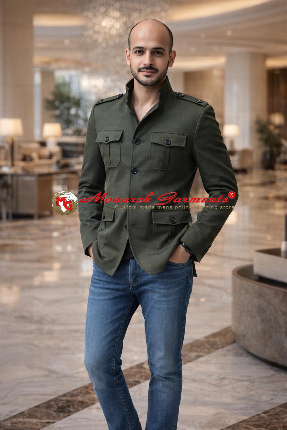 Olive green safari shirt jacket for men with mandarin collar slim fit style