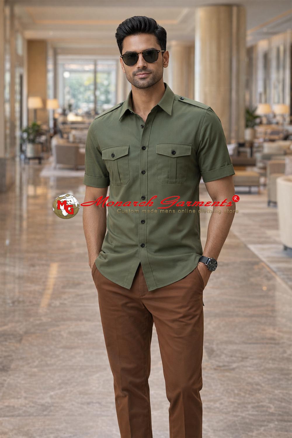Olive green safari shirt for men short sleeve slim fit cotton utility style