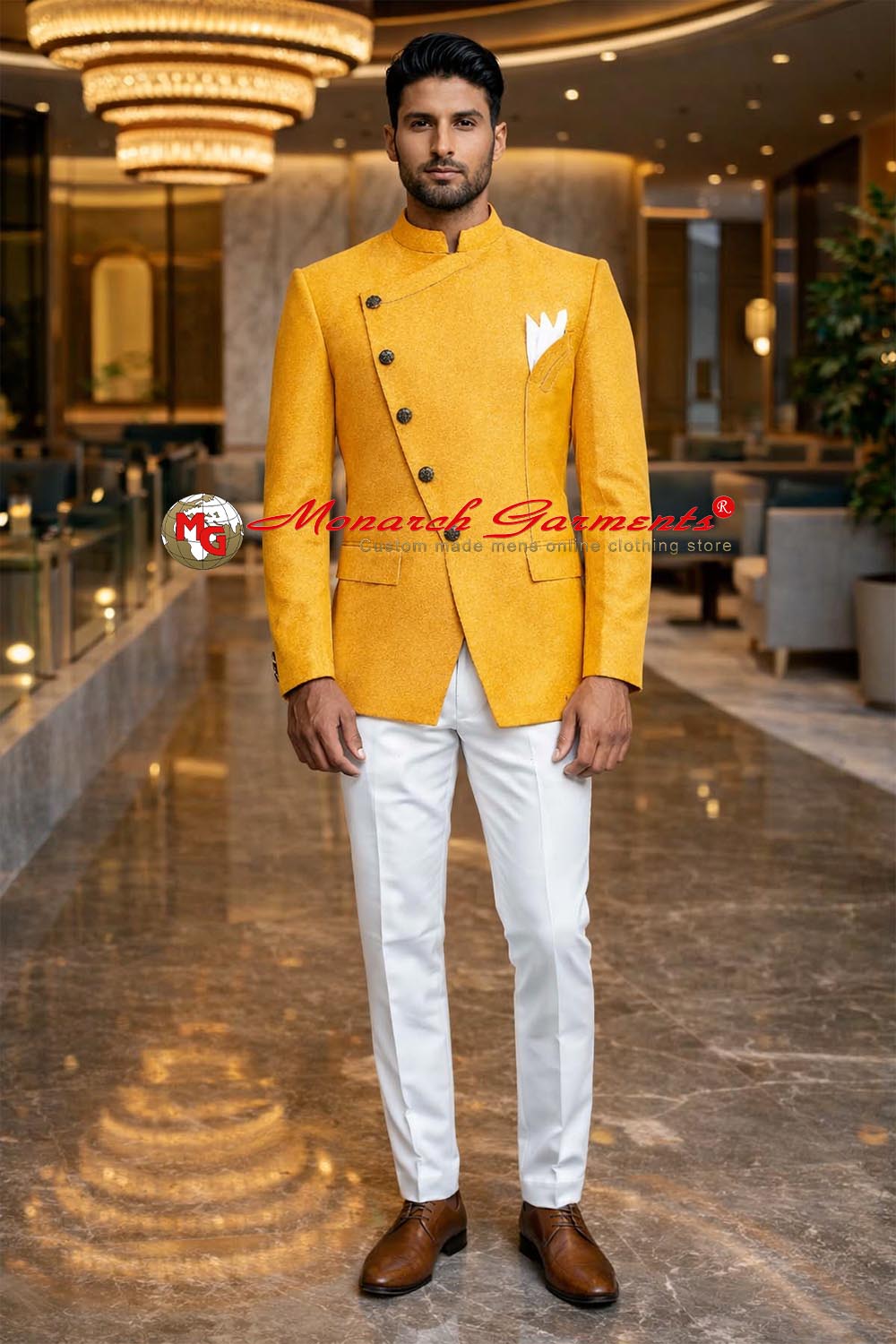 Orange designer Jodhpuri Bandhgala suit for Indian wedding with white trousers and pocket square by Monarch Garments
